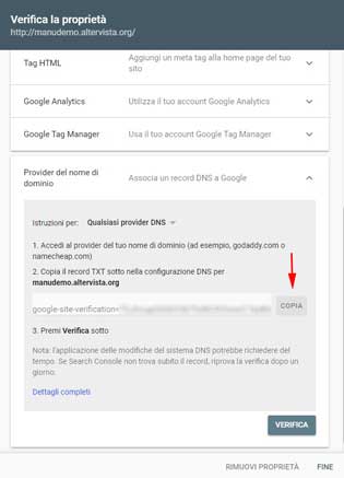 Verifica proprietà con DNS